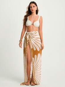 CAJUNI Women Beach Vacation Printed Cover Up, Swimsuit Cover Up Skirt, Beach Cover Up Skirt, Sarong Skirt, Bikini Cover Up Skirt, Sarong Coverup - Khaki - View 5