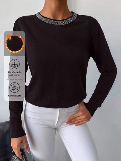 EURMUSE Women's Black Crew Neck Embellished Rhinestone Knit Long Sleeve Sweater,Jumper,Cream Jumper,Jumpers,Christmas Jumper,White Jumper,Ladies Jumper,Women's Jumpers