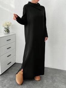 EURMUSE 女士纯色高领长袖宽松休闲长款毛衣连衣裙，秋冬 - 黑色 - 查看 6