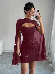 Elenzga Váy ngắn dự tiệc sequin thanh lịch thời trang dành cho nữ - Gỗ đỏ - Xem 3