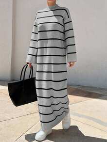 EURMUSE Women Stripe Pattern Round Neck Drop Shoulder Sweater Dress - Light Grey - View 2