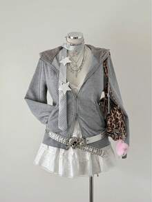 Sunspun Plus Size Zip-Up Hooded Sweatshirt With Waist Drawstring, Spring/Autumn - Grey - View 1