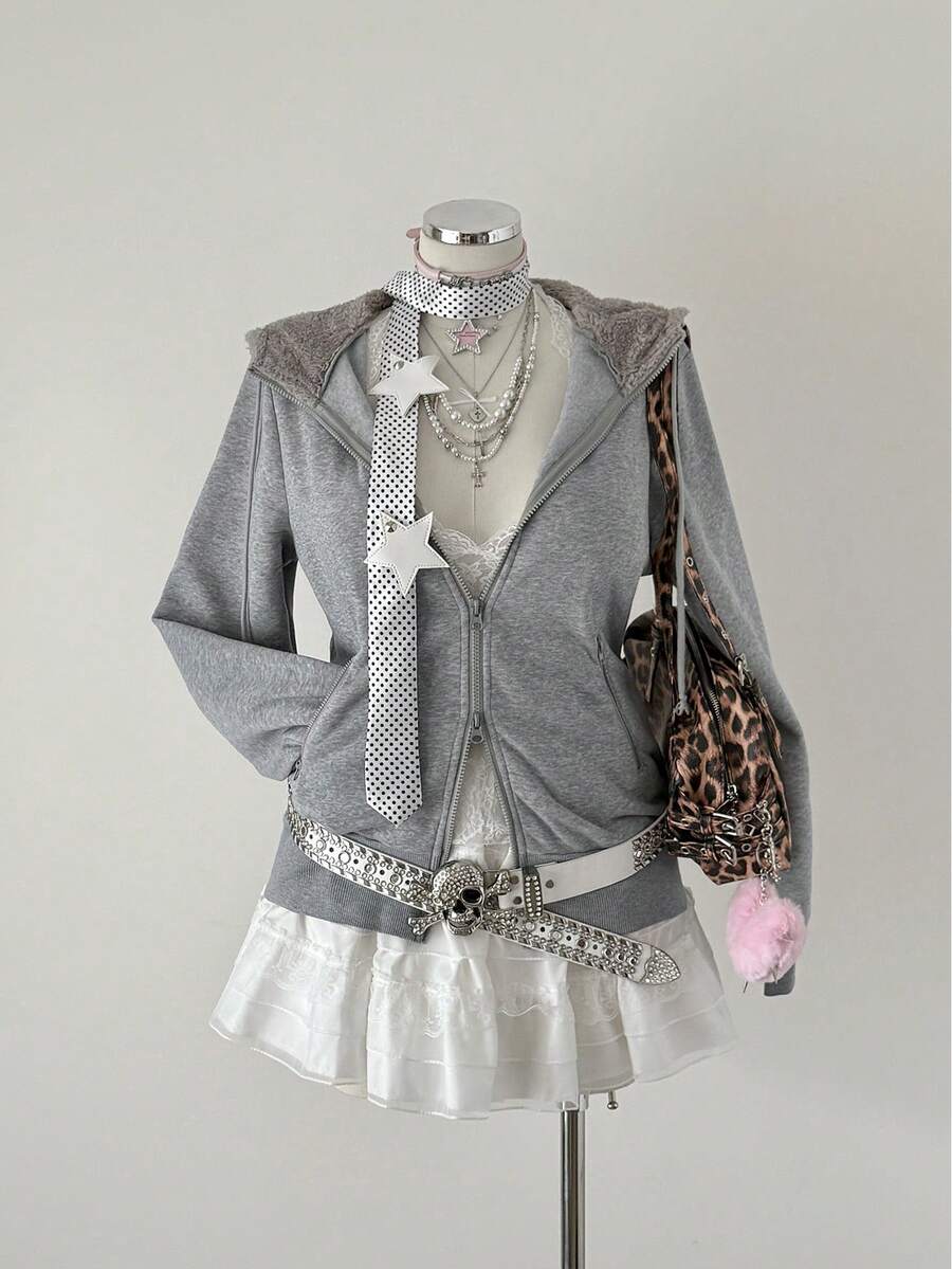 Sunspun Plus Size Zip-Up Hooded Sweatshirt With Waist Drawstring, Spring/Autumn - Grey - View 1
