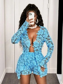 BamGleam Women's Fashionable Sexy Hollow Out Top & Shorts Set