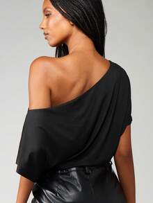 MISSGUIDED Off Shoulder Asymmetric Bodysuit Short Sleeve Summer Evening Party Clubwear One Piece Top - Black - View 2