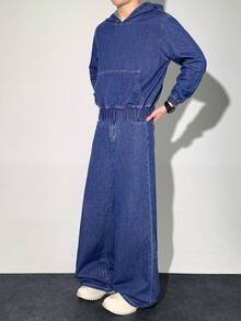 SHEIN Bolty 2Pcs Teen Boy Fashion Casual Y2k Vintage Cool Street Basic Simple Blue Denim Hooded Long-Sleeved Top And Loose Comfortable Jeans 2-Piece Set For Kids Clothes Teen Boy Dailywear And Kids Winter And Fall Rave Outfits Festival And Outfits Streetwear Clothes