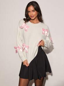 Enchnt Women's White And Pink Cute Autumn Everyday Sweater,Winter Casual Bowknot Decor Round Neck Dropped Shoulder Long Sleeves Christmas Top - White - View 5