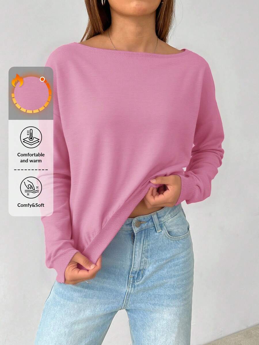 EURMUSE Damen lässiger Alltags-Pullover mit einfarbigem, locker fallendem Schnitt, Drop-Shoulder, Herbst - Babypink - Übersicht 1