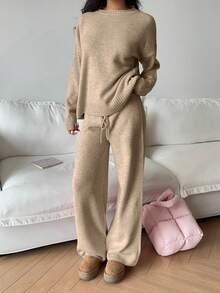 SHEIN Unity 2pcs Set Casual Solid Color Drop Shoulder Loose Knit Sweater And Pants, Autumn/Winter - Khaki - View 5