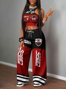 Slaydiva 2 件套女士休闲街头紧身吊带背心和宽松裤子套装，适合街头，赛车印花 - 彩色 - 查看 4