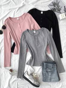 SHEIN 3件套青少年女孩纯色罗纹圆领长袖休闲T恤 - 彩色 - 查看 8