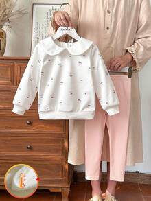 Vintaside Kids 少女秋冬两件套可爱甜美优雅樱桃印花套头衫+裤子 - 粉色 - 查看 4