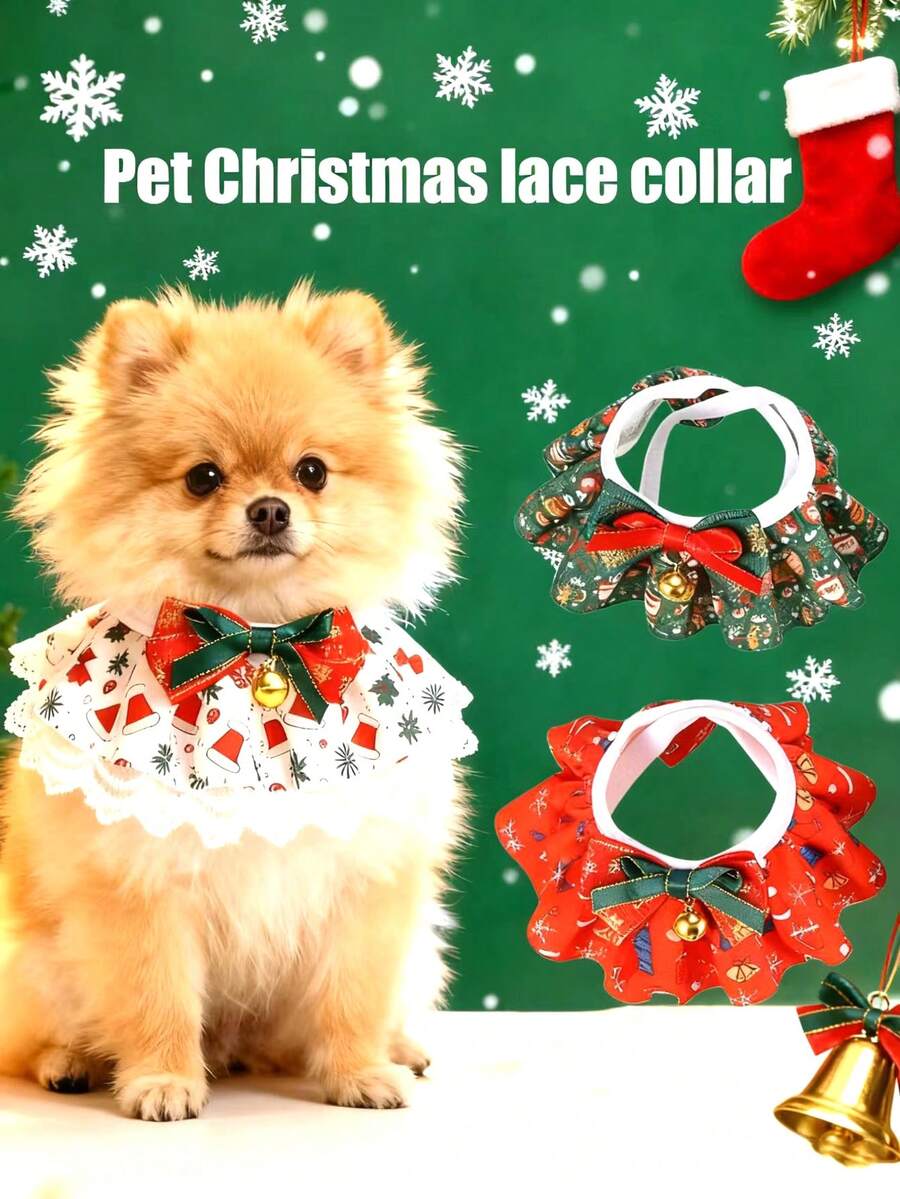 PETSIN 1 件宠物圣诞蕾丝项圈；宠物围兜；猫项圈；狗围兜；蝴蝶结铃铛项圈；宠物配件；宠物用品 - 彩色 - 查看 1
