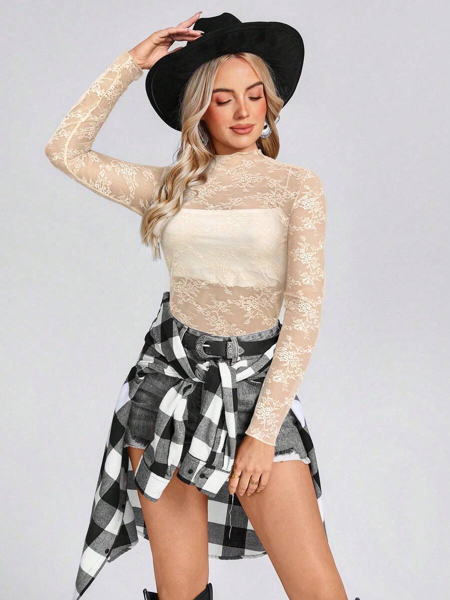 Wildy 波西米亚风夏季黑色网纱蕾丝美式乡村音乐节女式上衣，性感休闲款 - 卡其色 - 查看 1