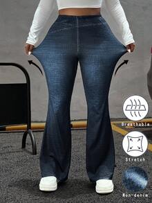 Muchica 大码女式牛仔效果印花高腰休闲喇叭裤