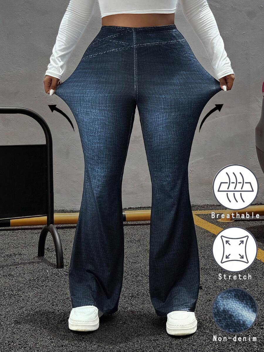 Muchica 大码女式牛仔效果印花高腰休闲喇叭裤