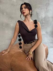 Firerie Áo cánh hoa buộc lưng lệch vai không tay thanh lịch lãng mạn quyến rũ dành cho nữ, thích hợp cho tiệc tùng, đám cưới, tốt nghiệp, mùa thu/đông - màu nâu - Xem 7