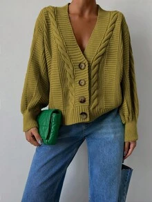 EURMUSE Cable Knit Drop Shoulder Cardigan - Olive Green - View 3