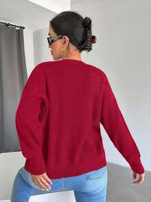 EURMUSE 女式纯色落肩长袖单排扣休闲针织开衫 - 玫紅色 - 查看 2