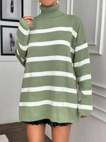 EURMUSE 女士超大高领落肩长袖长毛衣 - 薄荷綠 - 查看 6