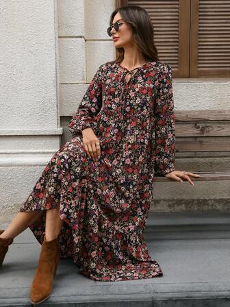 EMERY ROSE Women's Casual Ditsy Floral Long Dress, Autumn  Women's Casual Commuter Ditsy Floral Long Dress Fall Clothes For Women,Fall Dresses For Women, Fall Dresses For Women Dresses For Women Elegant Dresses For Women Elegant Dresses For Women Elegant Asual Dresses For Women Dresses For Women Casual