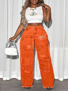 Slaydiva Plus Size Casual Washed Distressed Wide Leg Jeans - Orange - View 4