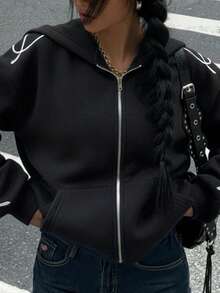 Muchica Autumn Women's Black Hooded Zipper Long Sleeve Letter Embroidery Design Casual Sweatshirt, Long Sleeve Top Graduation, Back To School Clothing, Graduation, Women's Teacher Clothing, Autumn And Winter Back To School,Fall,Fall Clothes For Women - Black - View 7