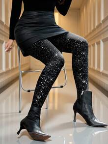 SHEIN Clasi 大码女式闪亮腰部纽扣设计时尚紧身裤 - 黑色 - 查看 2