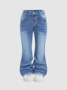 SHEIN Young Girl Cute Blue Denim Thermal Lined Skinny Flare Jeans, Thick Denim Flare Trousers, Autumn/Winter - Medium Wash - View 2