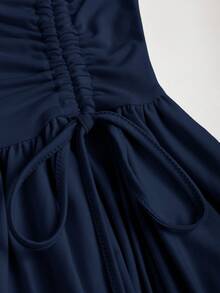 Sweetra Asymmetrical Waist Cinched Stylish Rugged Chic Exotic Inspired Mini Dress, Flattering Silhouette - Navy Blue - View 5