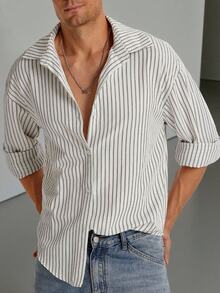 Manfinity Dauomo Men's Striped Long Sleeve Single-Breasted Casual Fashion Shirt, Fall - White - View 1
