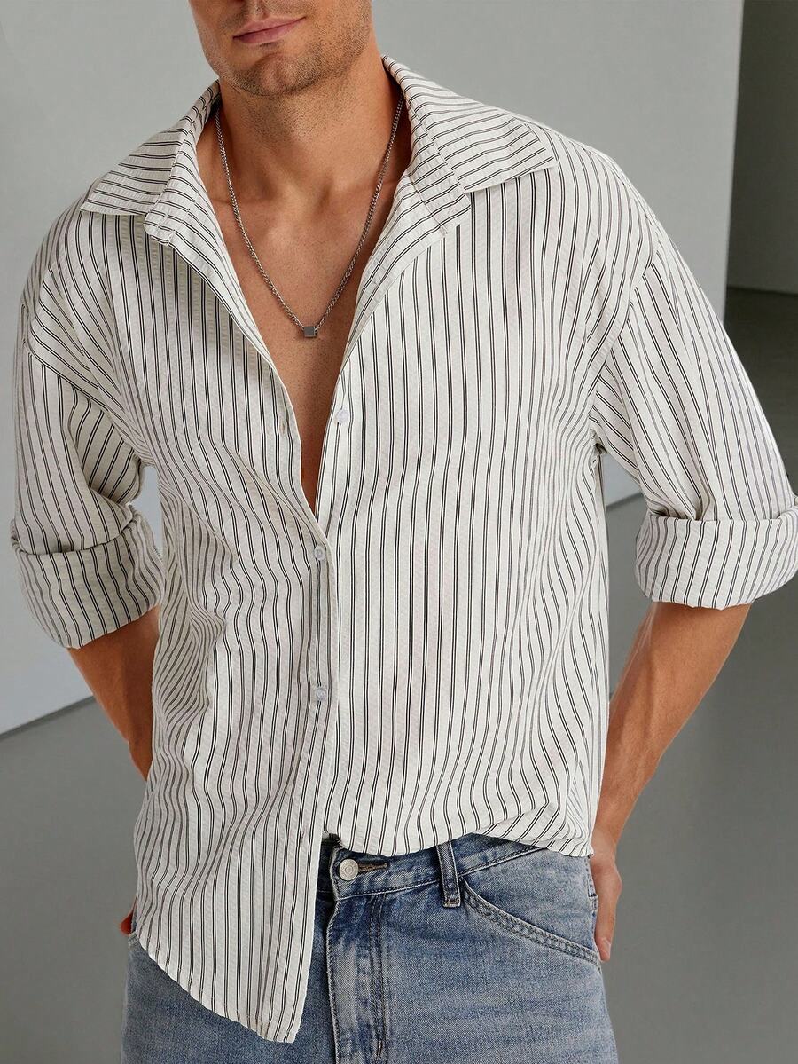 Manfinity Dauomo Men's Striped Long Sleeve Single-Breasted Casual Fashion Shirt, Fall - White - View 1