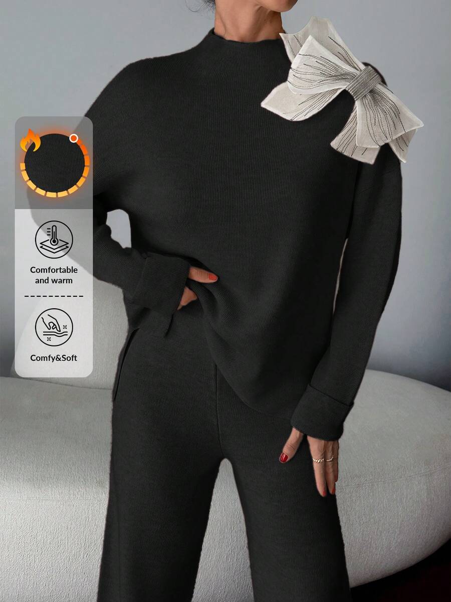 EURMUSE Women Sweater Sets With 3d Big Ribbon Detail - Black - View 1