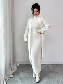 Selianne 女士秋冬高端三件套：高领毛衣+裙子+长款开衫，休闲别致的通勤针织套装 - 米色 - 查看 3