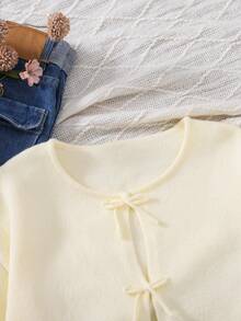 SHEIN Teen Girl Beige Bowknot Long Lantern Sleeve Casual Loose Cardigan,In Fall/Winter