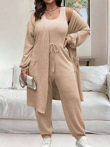 Vionelle 大码女式休闲连体裤和开衫两件套 - 奶油色 - 查看 5