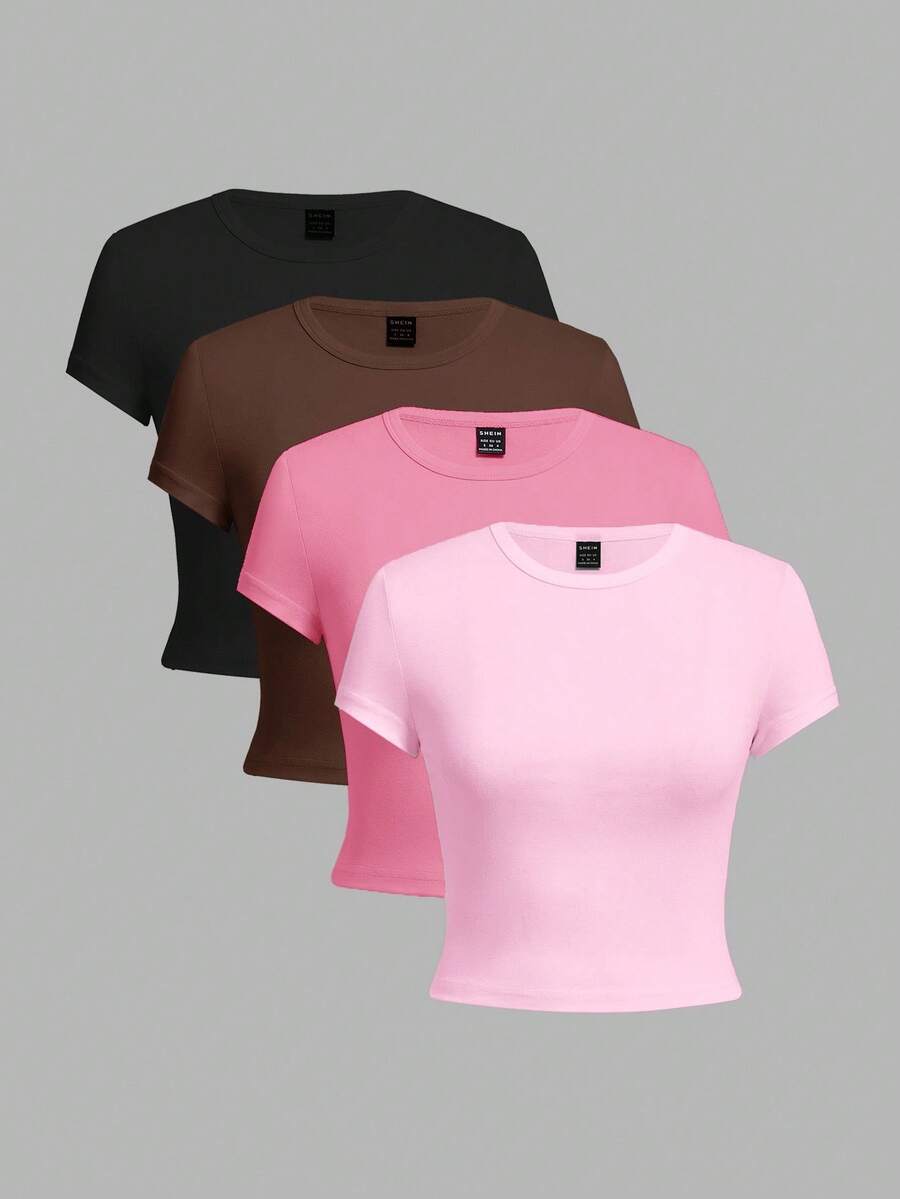 SHEIN EZwear 4pcs/Set Casual Round Neck Short Sleeve Fitted Women T-Shirts, Suitable For Summer - Multicolor - View 1