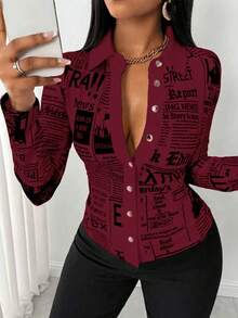 Eryvara Camisa casual de mujer con botones delanteros y estampado total de manga larga - Burdeos - Ver 8