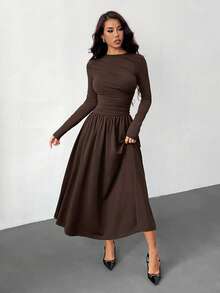 SHEIN PETITE 优雅女士吊带长款蓬蓬裙，适合日常约会、外出、夜店、派对等场合，娇小尺码，秋季款 - 棕色 - 查看 3