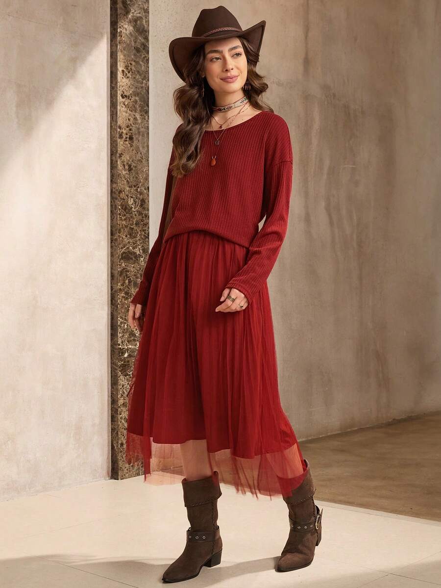 Wildy Women's Casual Commuting Simple Solid Ribbed Knit Drop Shoulder Loose Long Sleeve T-Shirt And Mesh Layered Skirt Set, Spring/Autumn - Burgundy - View 1