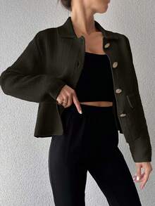EURMUSE Women's Solid Color Front Button Closure Elegant Office Wear Long Sleeve Cardigan,Petite Cardigans,Cardigans - Army Green - View 7