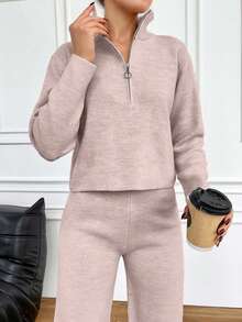 EURMUSE 2pcs Women Autumn/Winter Casual Solid Color Knitted Sweater & Pants Set - Dusty Pink - View 6