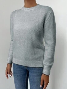 RueChic Women Solid Color Round Neck Long Sleeve Casual Loose Knit Grey Sweater, Autumn/Winter