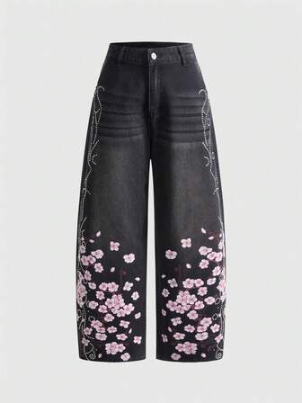 Street Life Jeans de corte holgado con bordado de flores de cerezo y decoración de rhinestones, estilo streetwear Y2K para mujer
