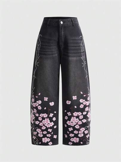 Street Life Women's Y2K Streetwear Chic Cherry Blossom Embroidery & Rhinestone Decor Loose Fit Jeans