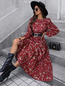 SHEIN LUNE V 领荷叶边喇叭袖层叠下摆 A 字形复古碎花休闲通勤优雅长裙，适合女士，秋冬 - 紅色 - 查看 5