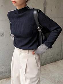 FRIFUL 女士高领撞色罗纹针织修身打底衫，秋冬长袖女款 - 藏蓝色 - 查看 5