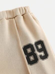 SHEIN Girlism 青少年女孩休闲校园街头风格字母和数字图案圆领运动衫和褶皱阔腿直筒裤针织运动服返校装 - 杏色 - 查看 5