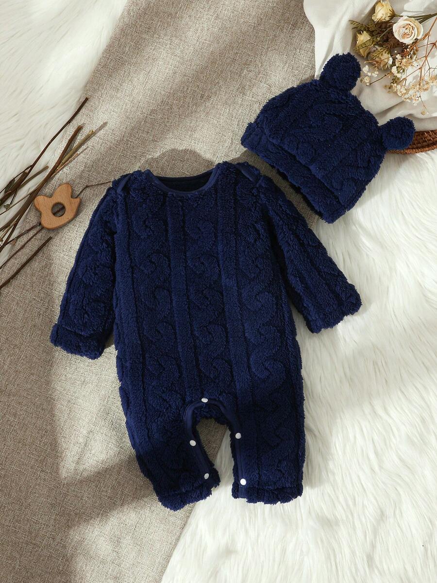 SHEIN Vintaside Kids 新生儿男女通用休闲日常可爱几何图案抓绒连体衣，带帽子，适合外出，秋冬季 - 寶藍色 - 查看 1