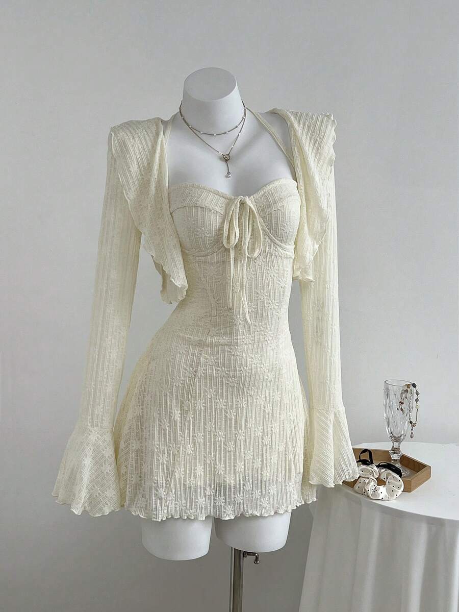 Elamini 2 件套女士秋冬时尚蕾丝花边吊带背心和蕾丝领带腰部 A 字迷你连衣裙套装 - 杏色 - 查看 1